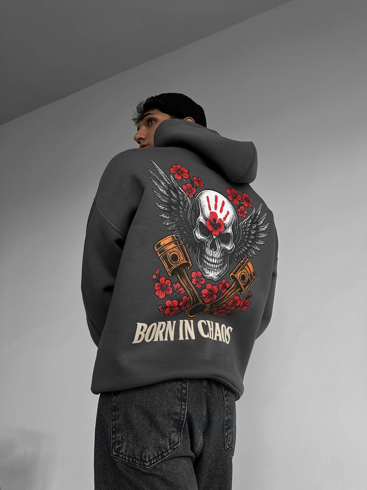 Oversize Skeleton Född i Kaos Hoodie - Antracit