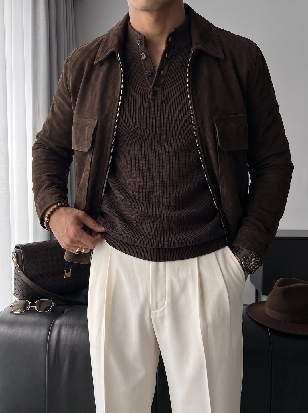 Slim Fit Stickad Tröja - Mörk Brun