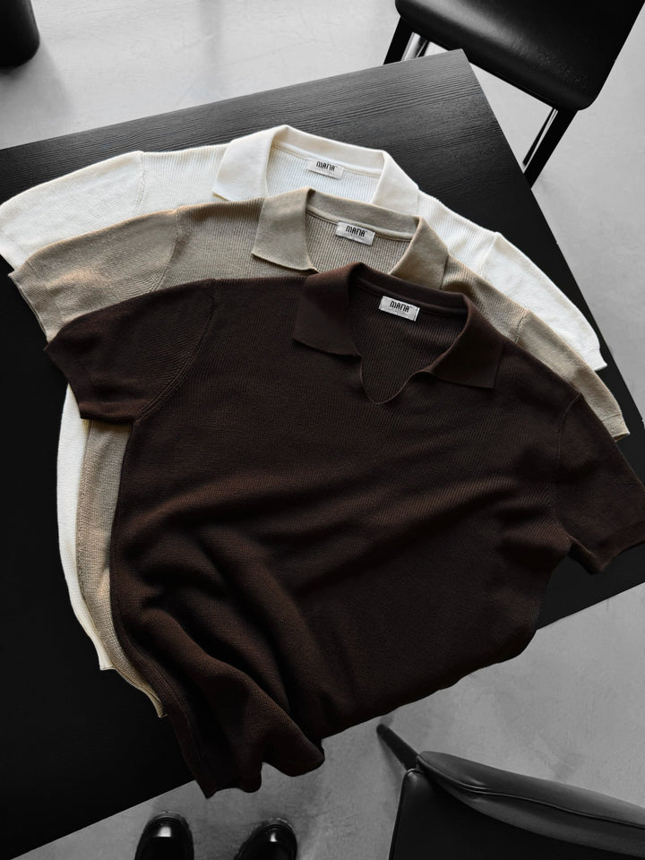 Lös passform finstickad krage T-shirt - Mörkbrun