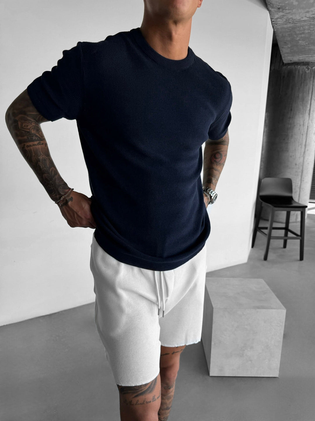 Oversize Stickad T-Shirt - Marinblå