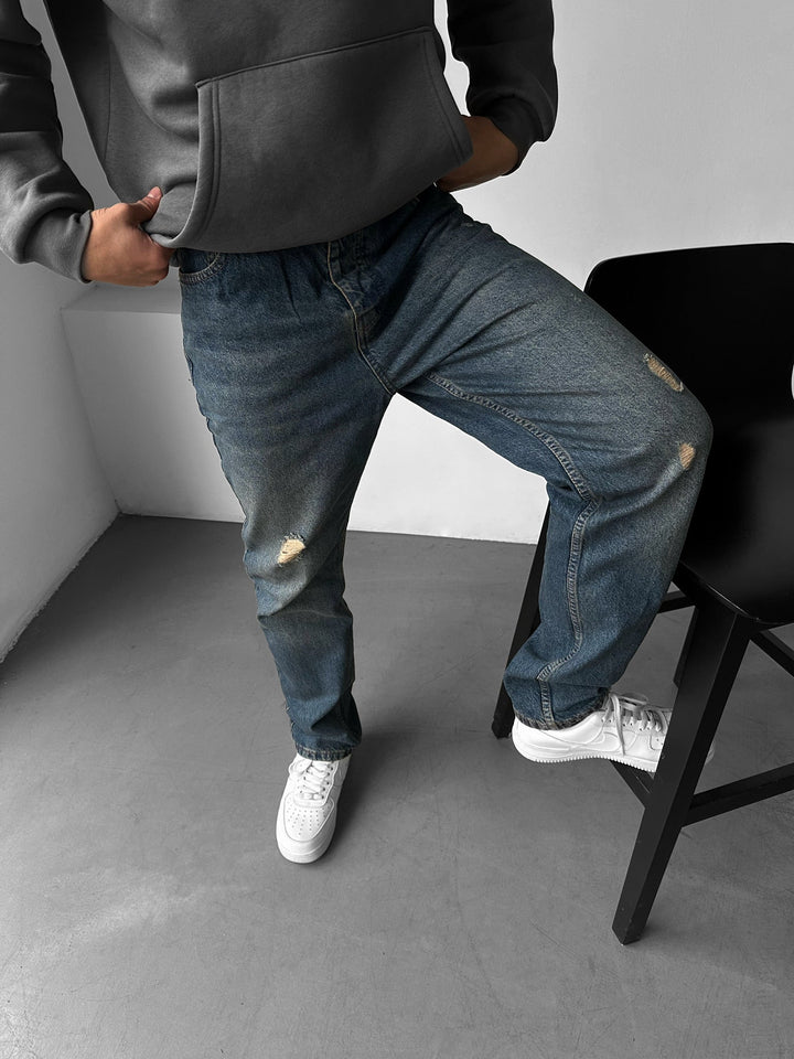 Baggy Torn Tvättade Jeans - Mörkblå