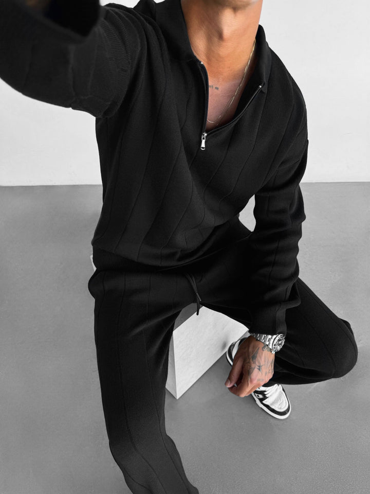 Oversize Lines Knit Zipper Polo Sweatshirt - Svart