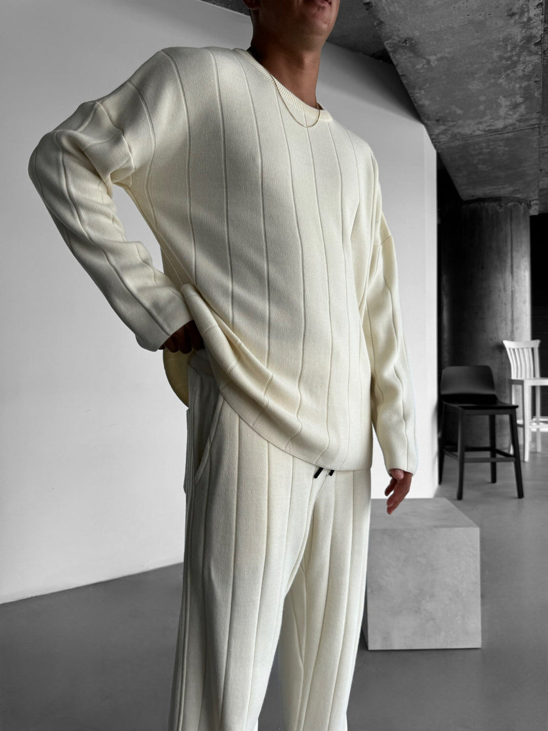 Oversize Lines Stickad Sweatshirt - Cremé