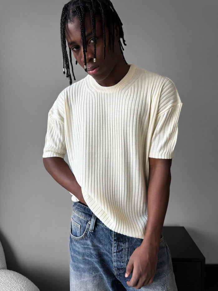 Lös Passform Ribbad Stickad T-Shirt - Cremé