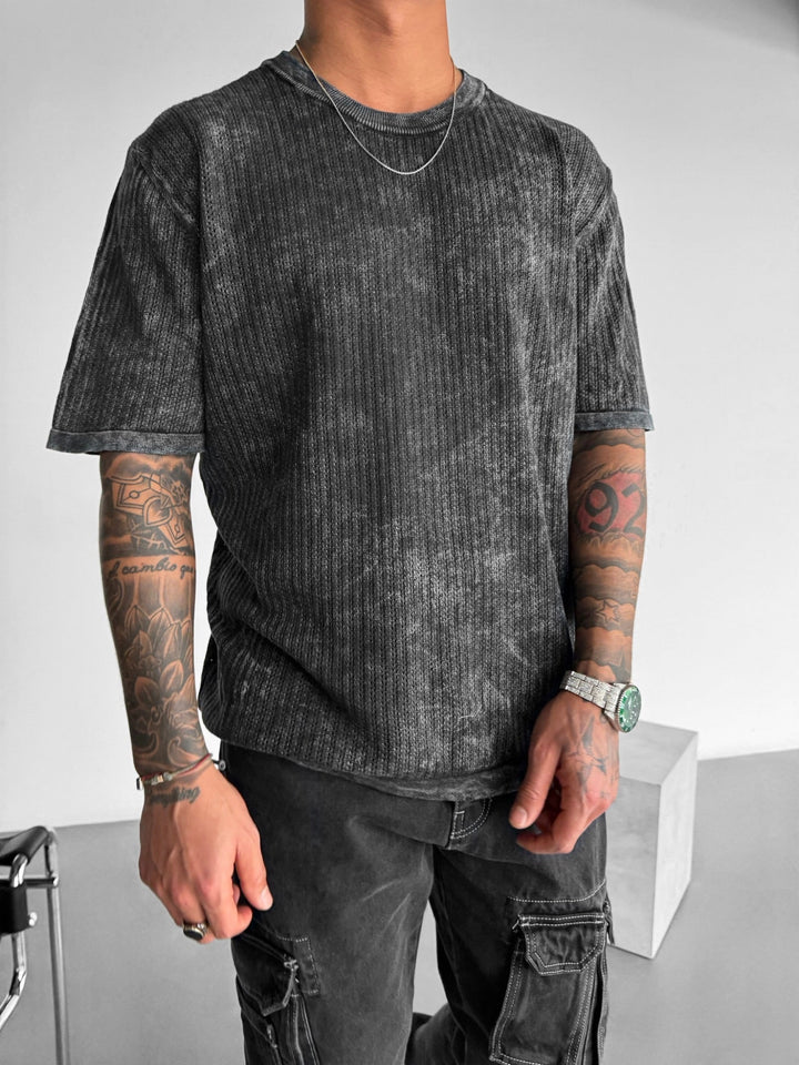 Oversize Stickad Tvättad T-shirt - Svart