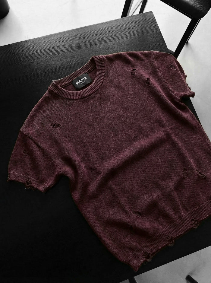 Oversize Stickad Torn T-shirt - Bordeaux