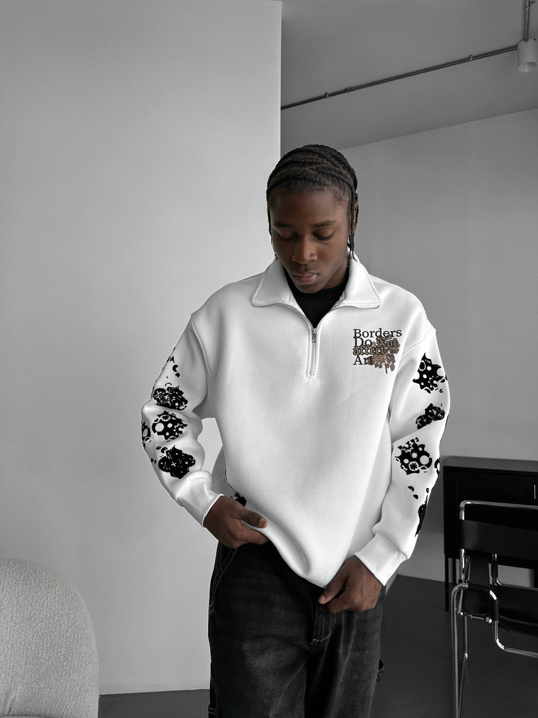 Oversize Halv-Zip Grafisk Sweatshirt - Ecru