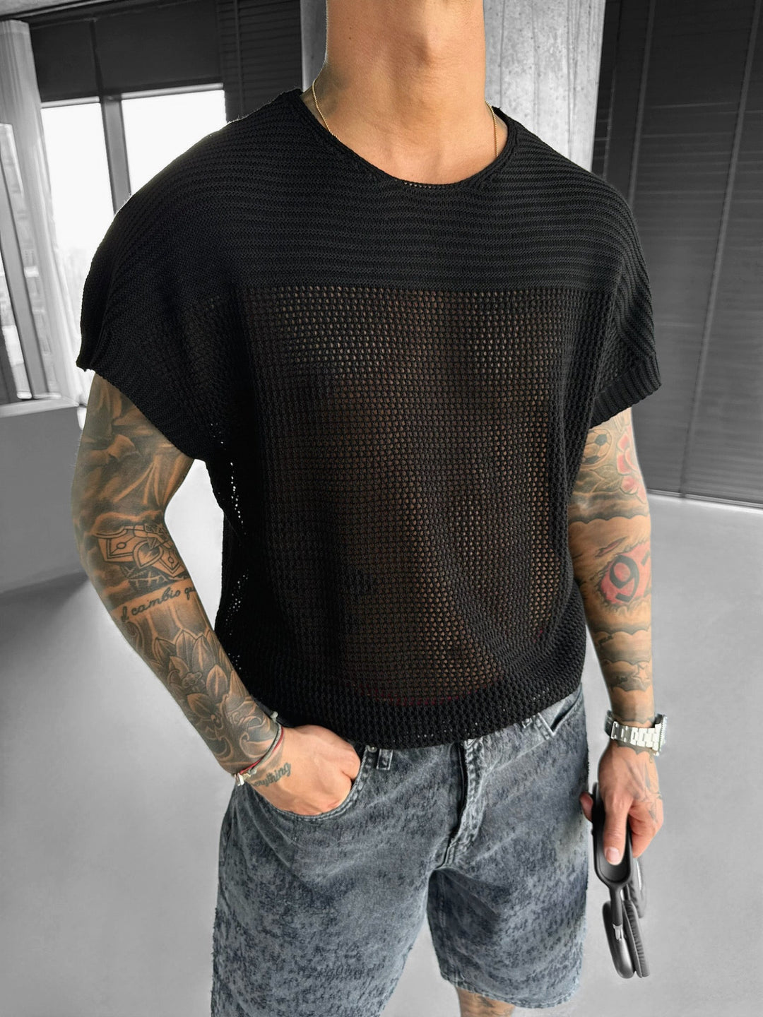 Överdimensionerad Texturerad Stickad T-shirt - Svart