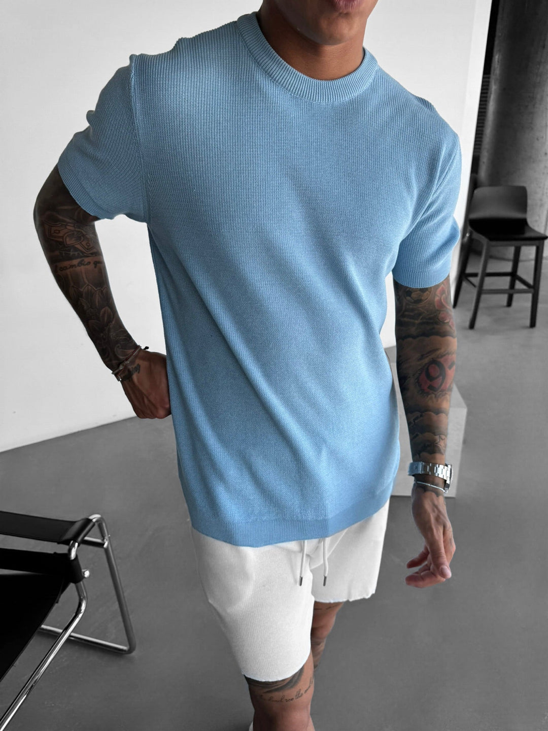 Oversize Stickad T-Shirt - Babyblå