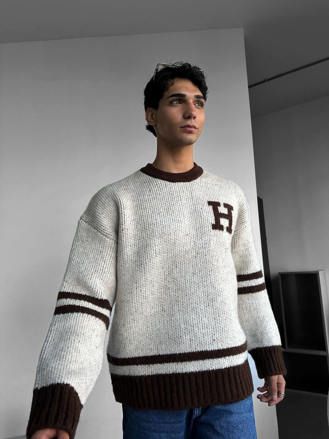 Oversize Stickad Bokstavströja - Beige