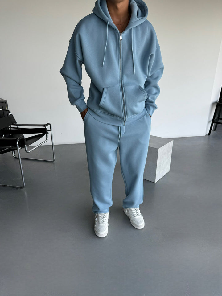 Oversize Basic Zipper Hoodie - Blekt Denim