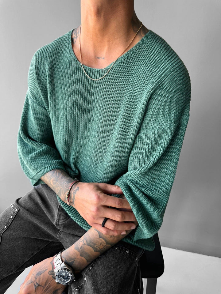 Oversize Lång Stickad T-Shirt - Petrol