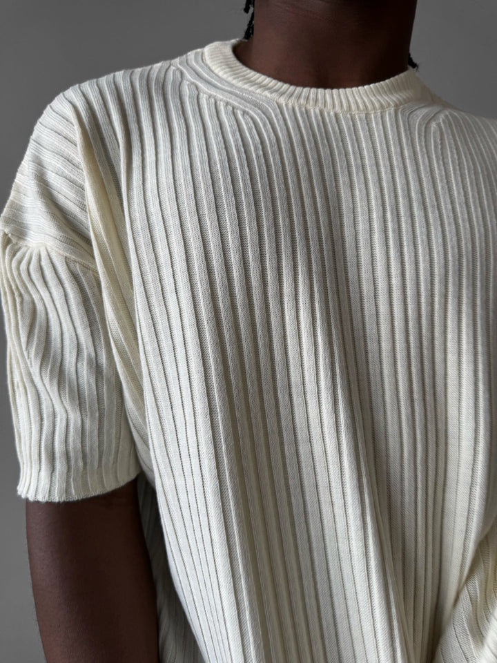 Lös Passform Ribbad Stickad T-Shirt - Cremé