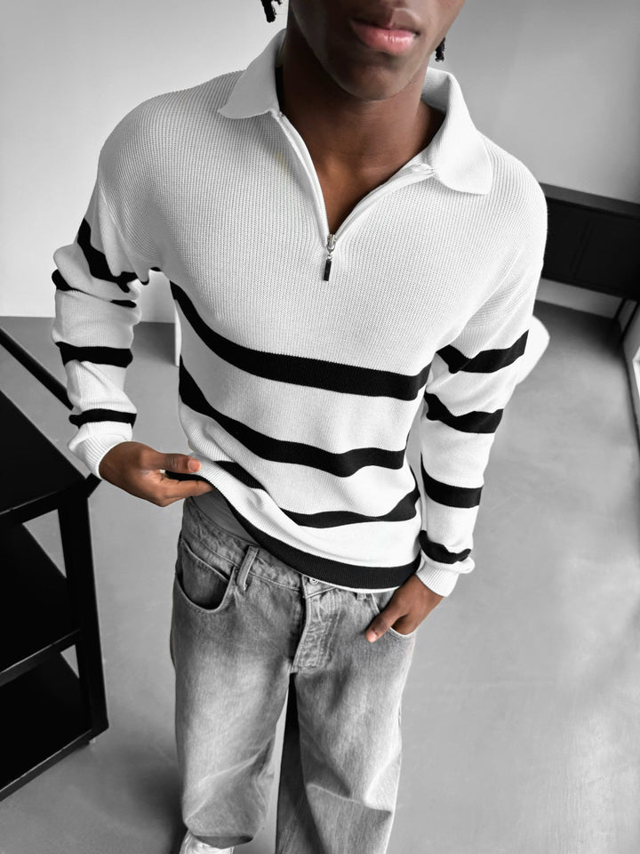 Oversize Stickad Crop Polo Tröja - Ecru