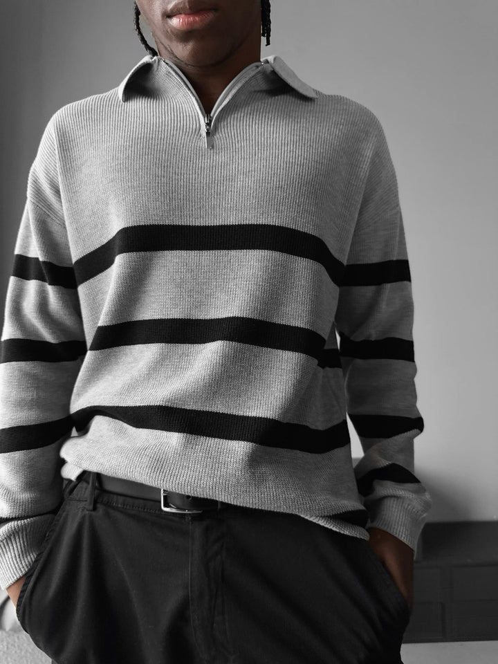 Oversize Stickad Crop Polo Tröja - Grå
