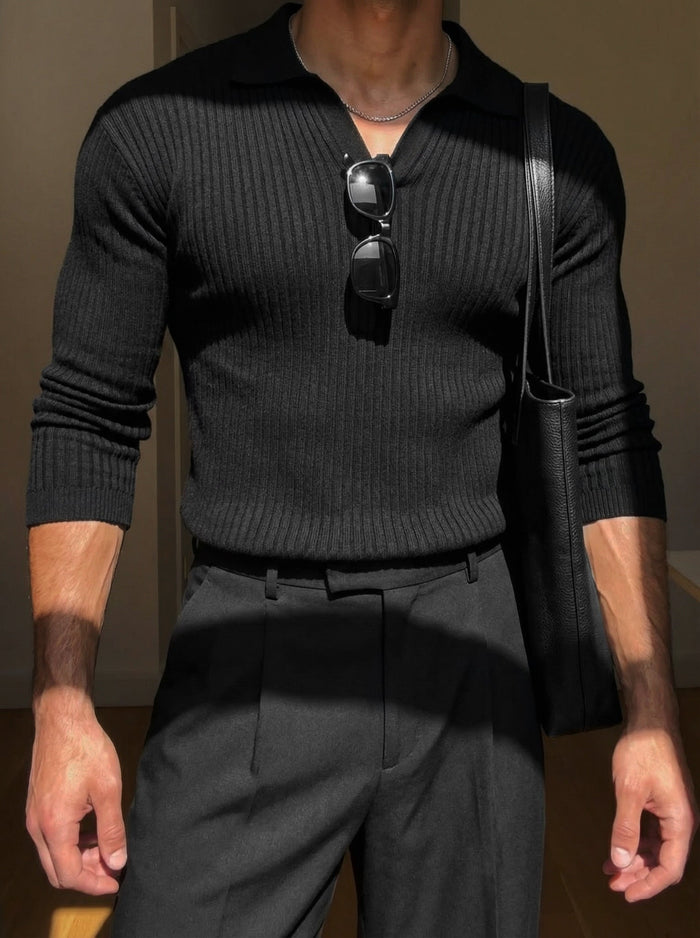 Slim Fit Stickad Polo Tröja - Svart