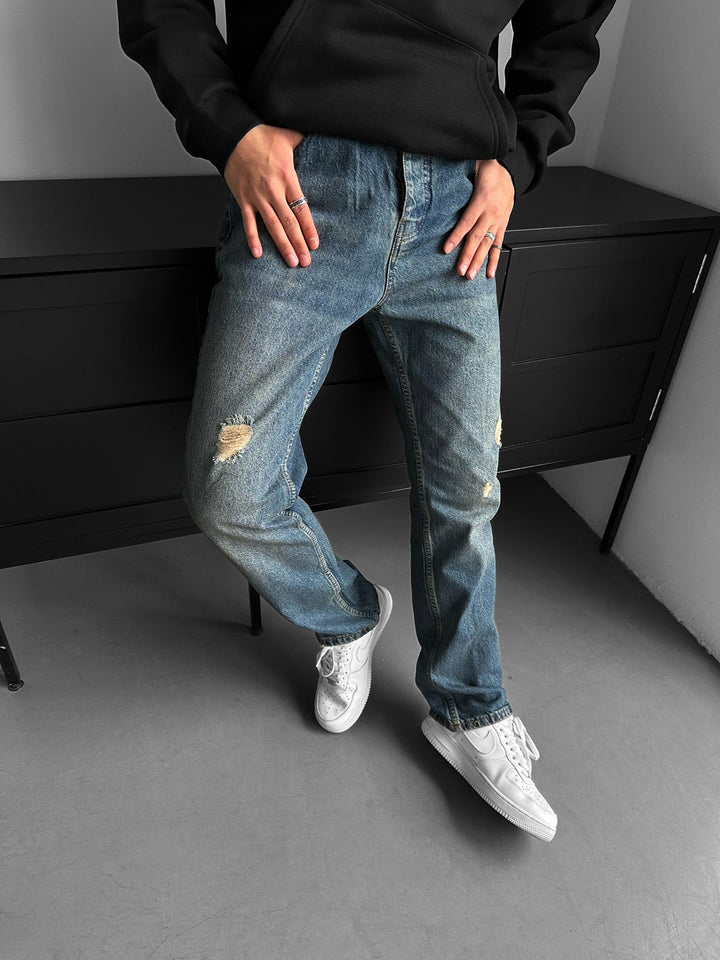 Baggy Torn Tvättade Jeans - Mörkblå