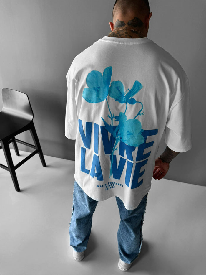 Oversize Vivre la Vie T-shirt - Ecru och Blå