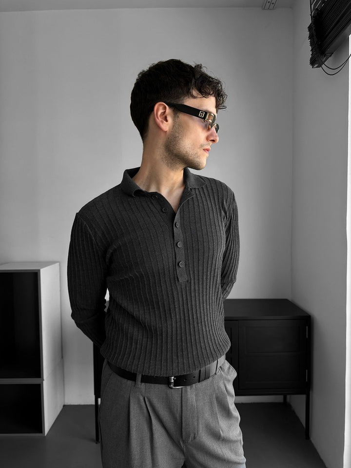 Slim Fit Polo Knit Sweater - Antracit