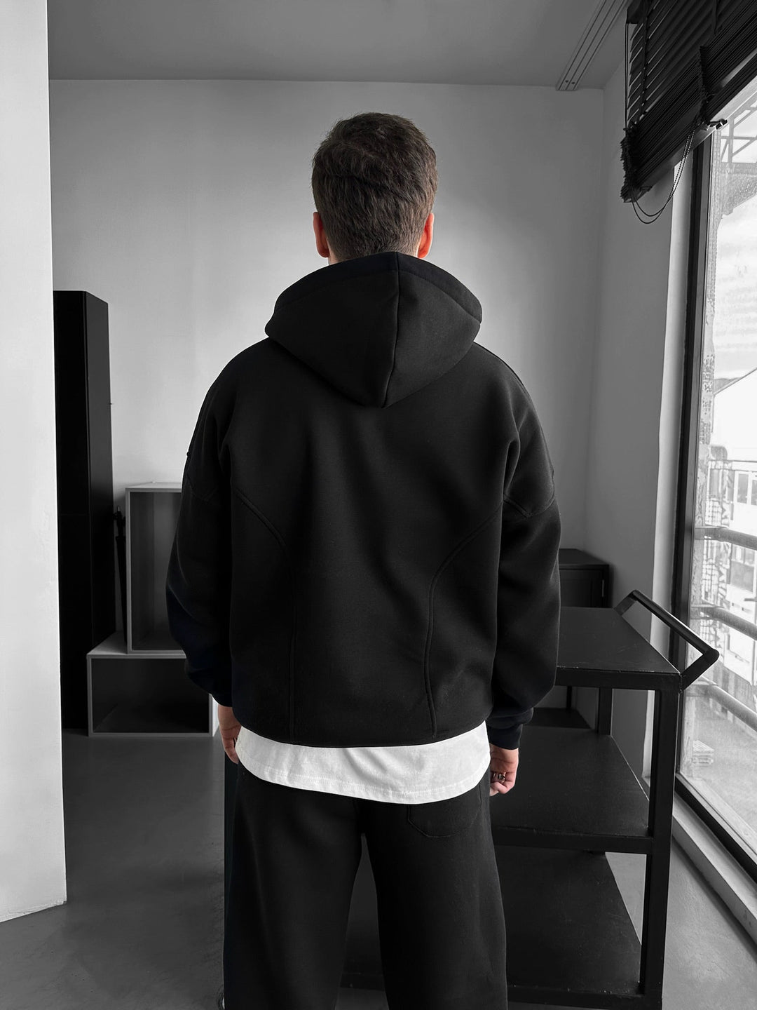 Lös Passform Halvdraget Grund Hoodie - Svart