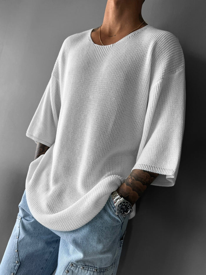 Oversize Lång Stickad T-Shirt - Vit