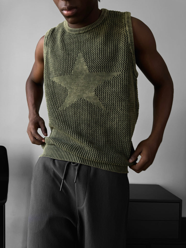 Oversize Tvättad Stickad Stjärntopp - Khaki