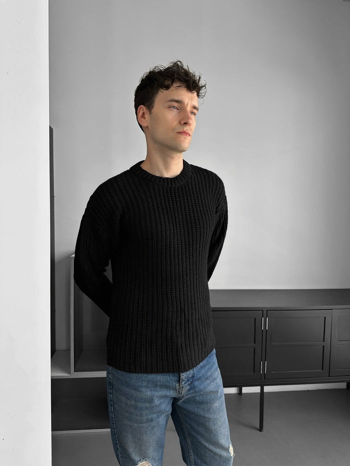 Slim Fit Braid Knit Sweater - Svart