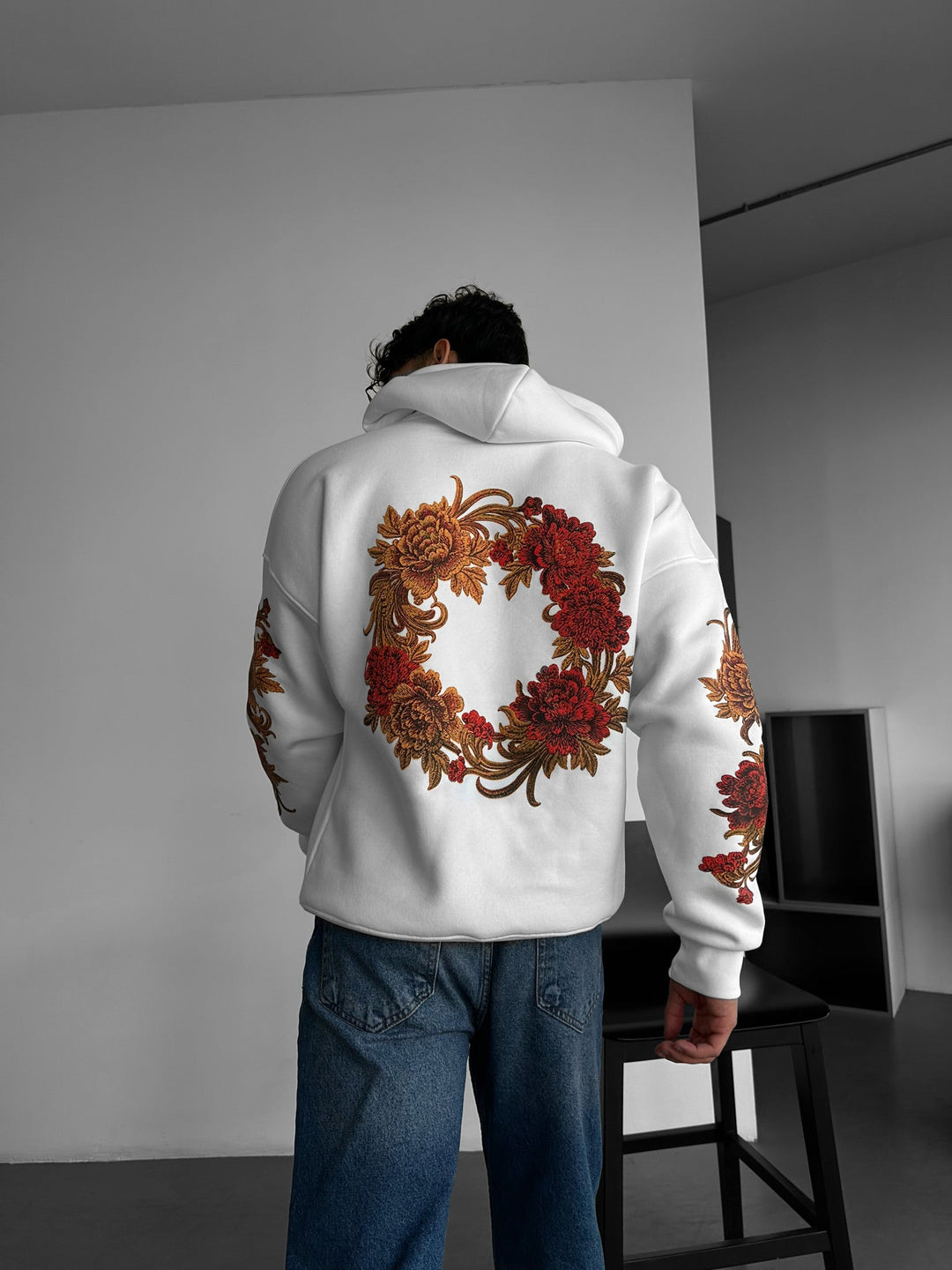 Oversize Krysantemum Hoodie - Vit