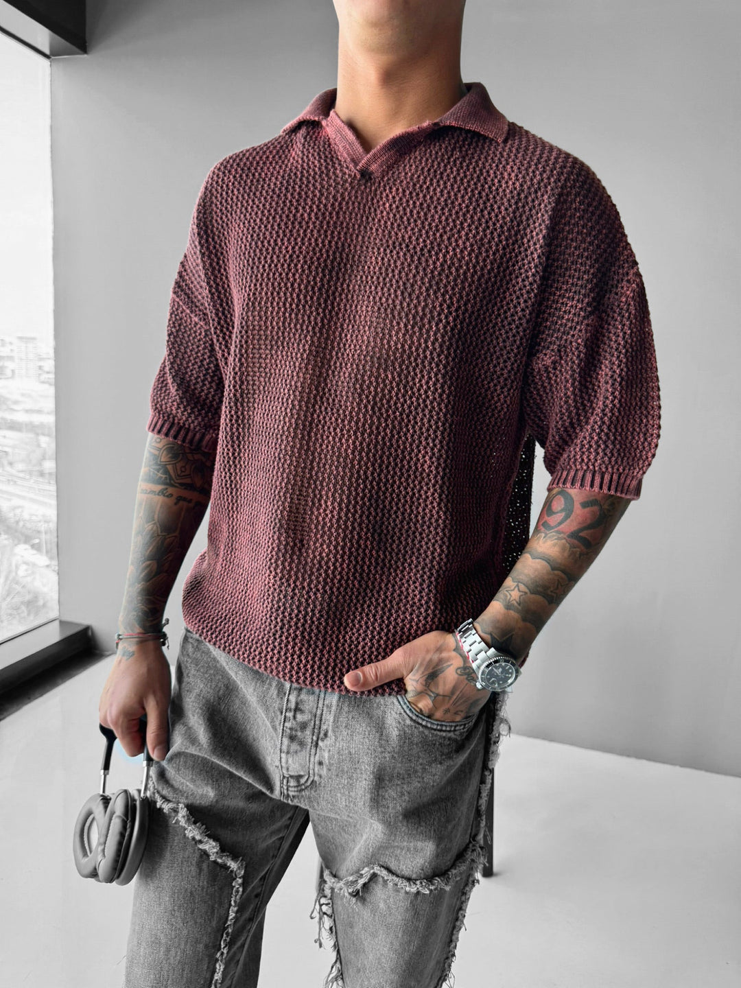 Regular Fit Knit Grid T-shirt - Plommon Perfekt