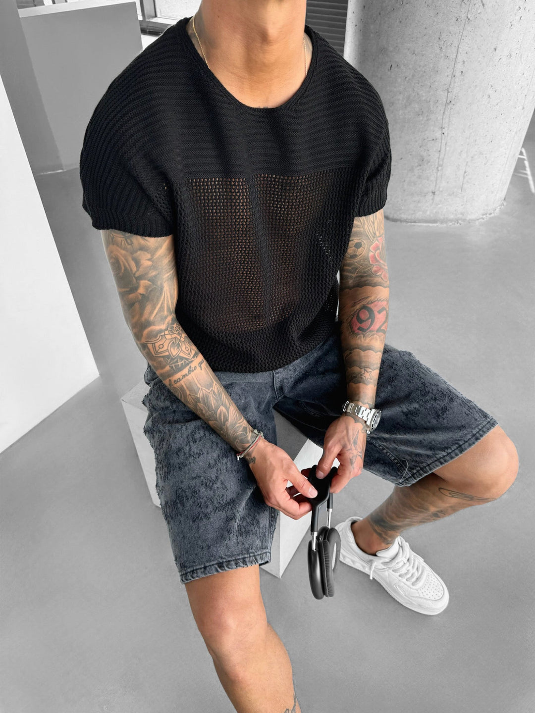 Överdimensionerad Texturerad Stickad T-shirt - Svart