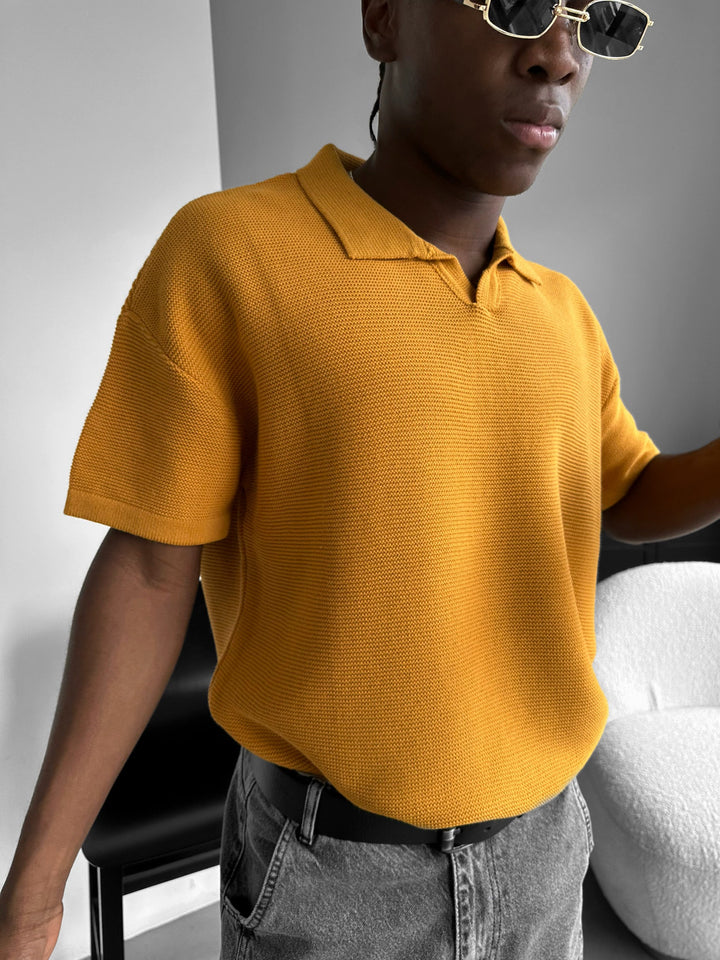 Oversize Krage Ribbad Stickad T-Shirt - Saffran