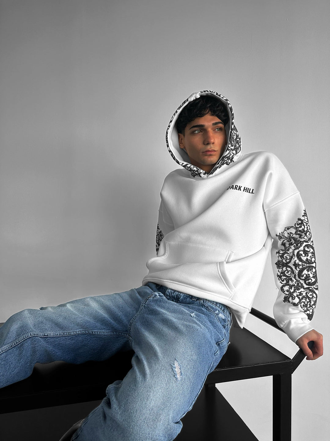 Oversize Matmönster Hoodie - Vit