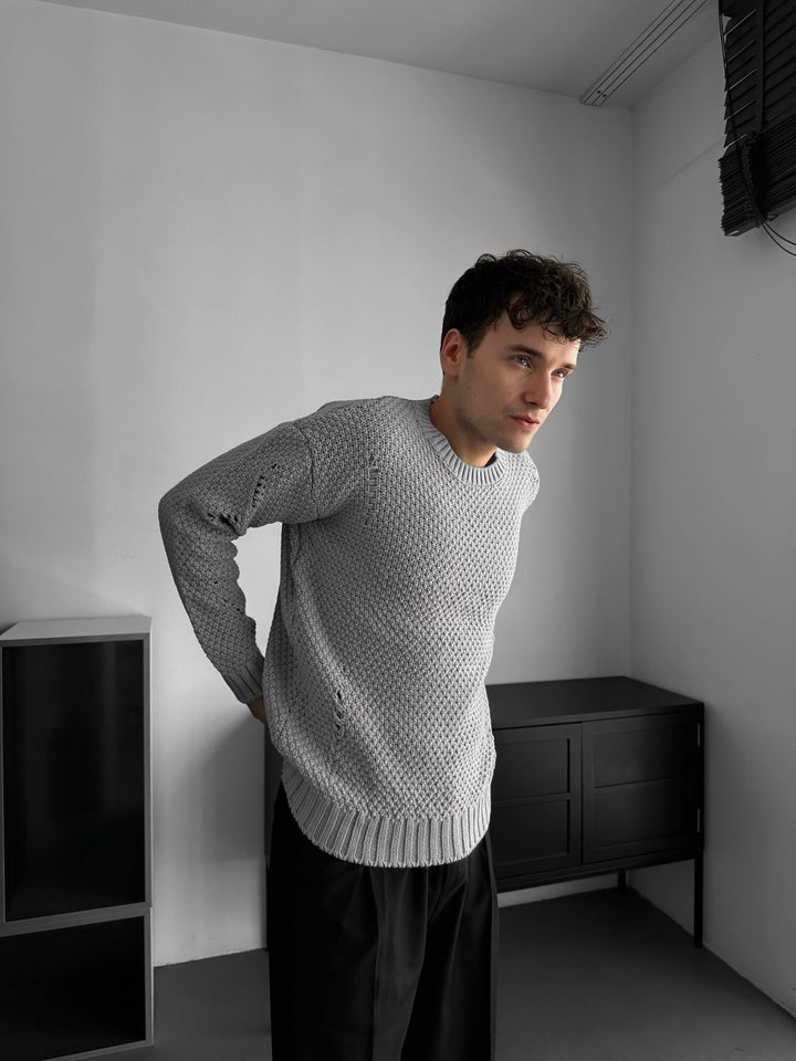Regular Fit Textured Torn Sweater - Grå