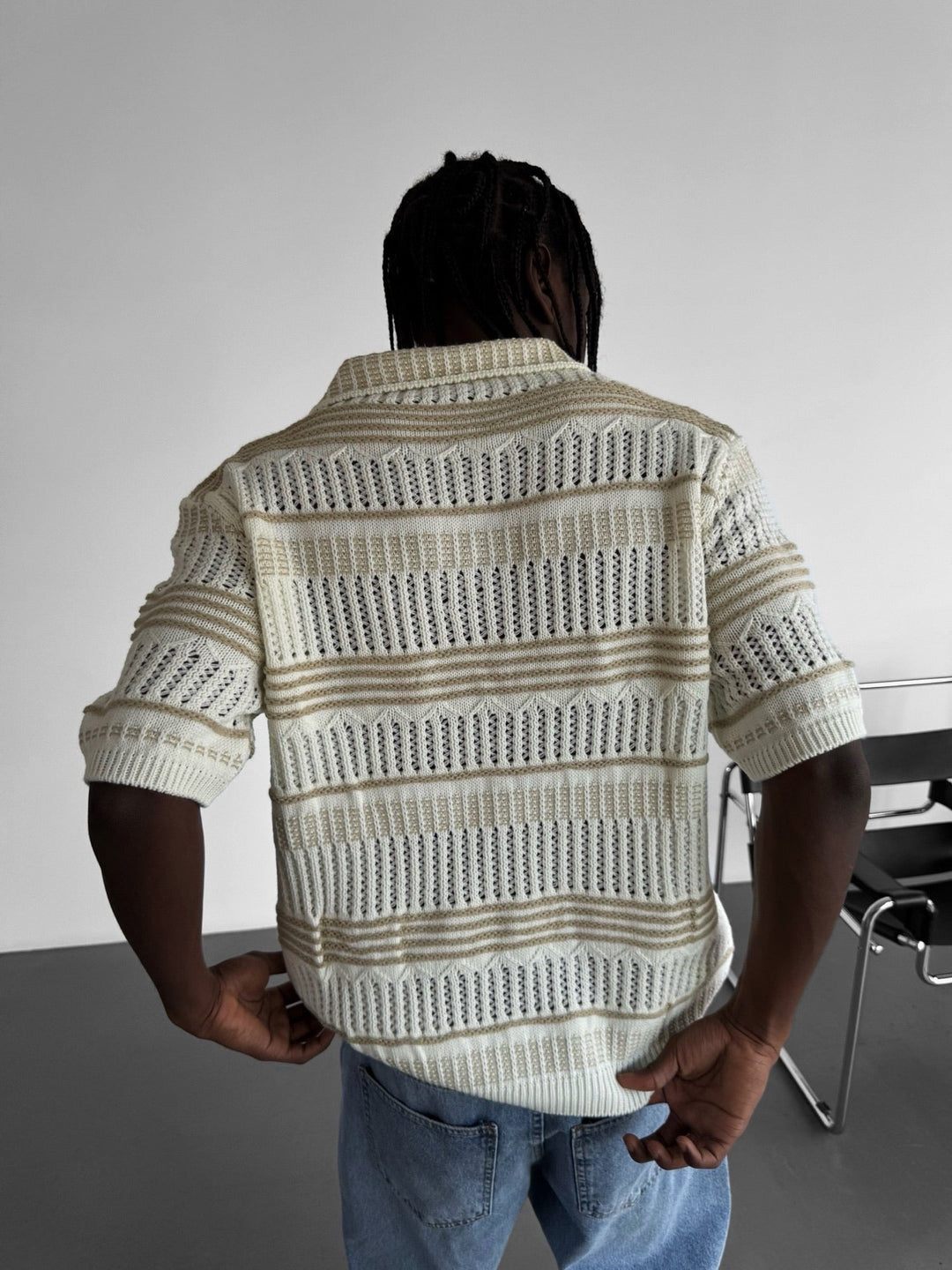 Lös passform mönstrad krage stickad T-shirt - Sten