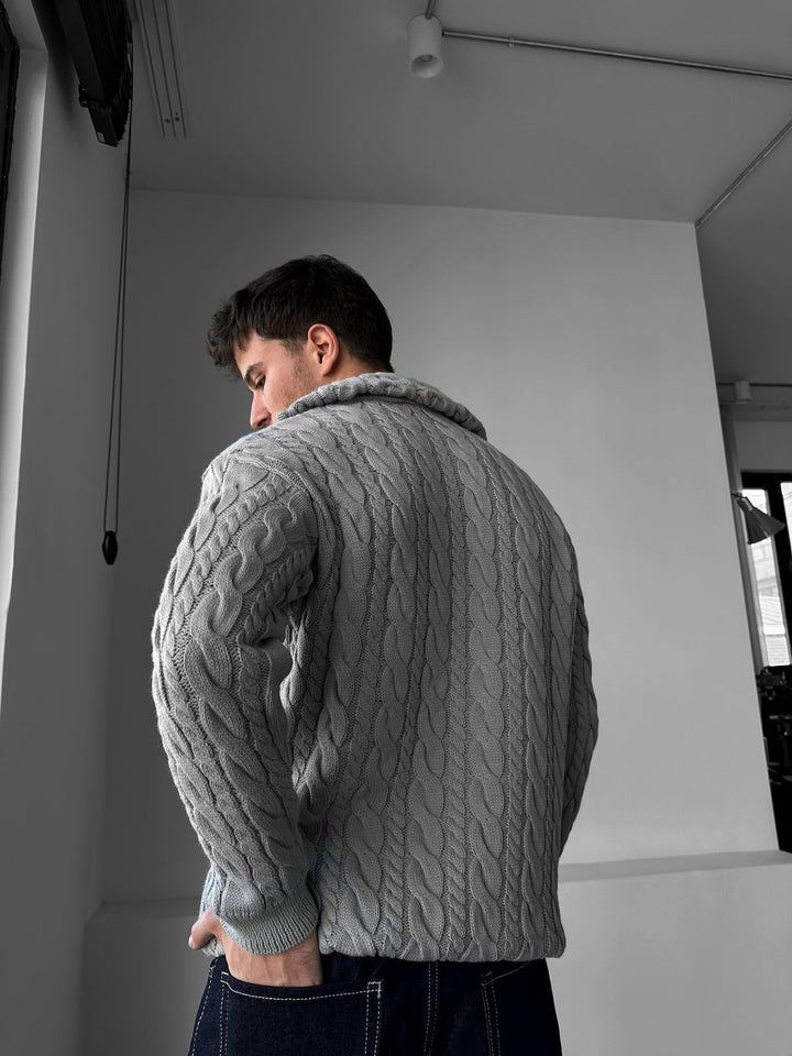 Oversize Krage Fläta Dragkedja Tröja - Grå