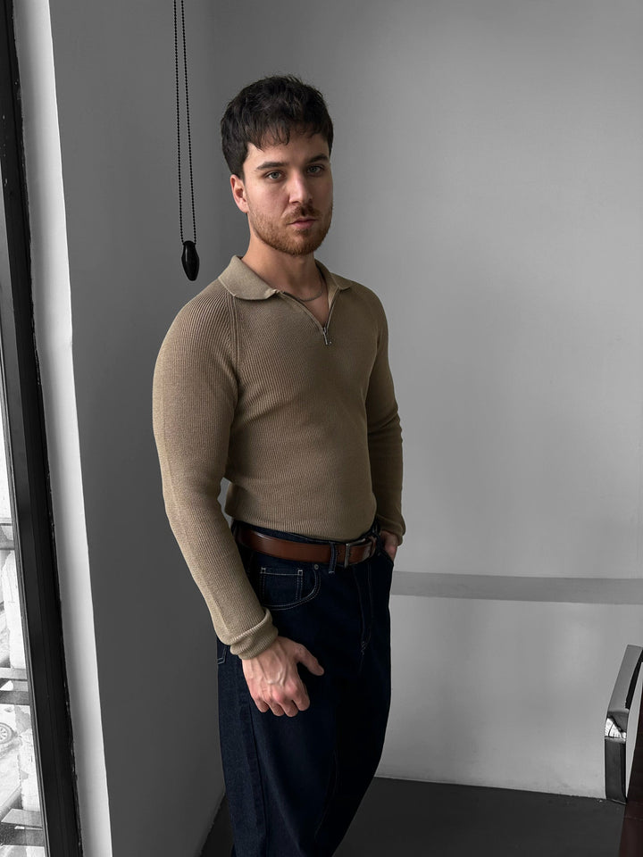Slim Fit Stickad Dragkedja Polo Tröja - Kamel