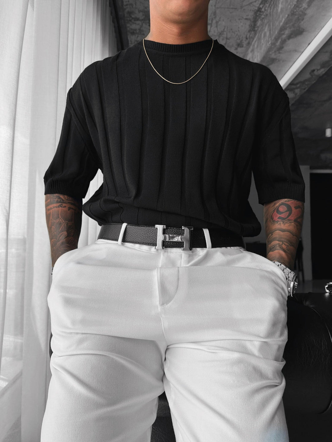 Regular Fit Knit Lines T-shirt - Svart