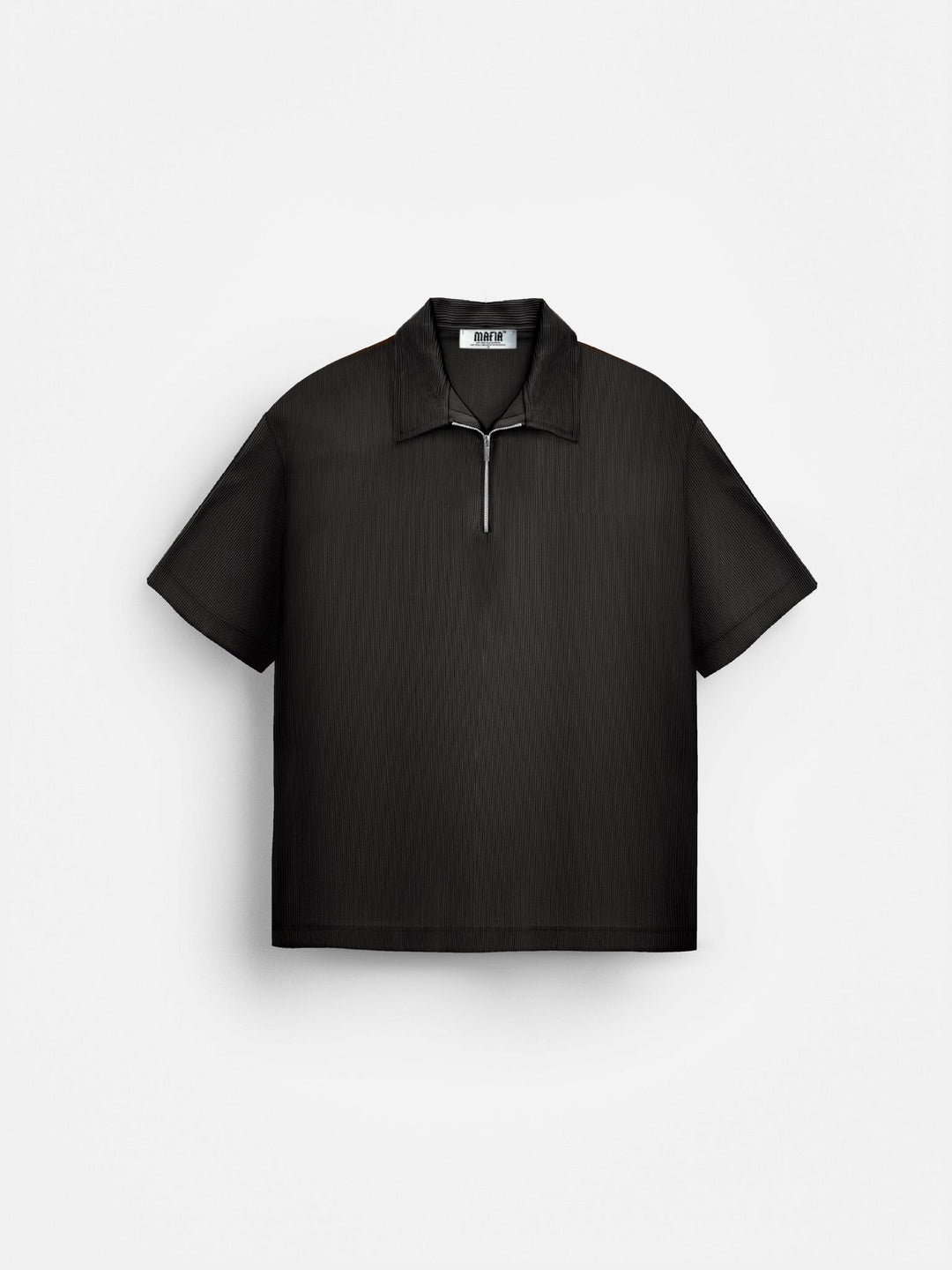 Oversize Textured Zipper Polo T-Shirt - Svart