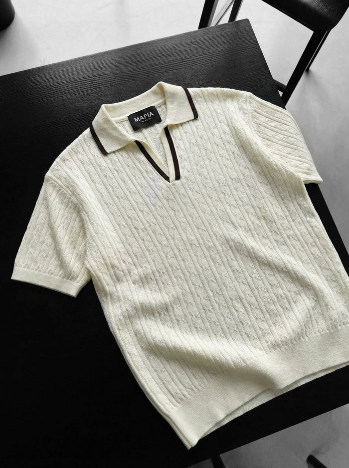 Oversize Strukturerad Polo T-shirt - Ecru och Brun