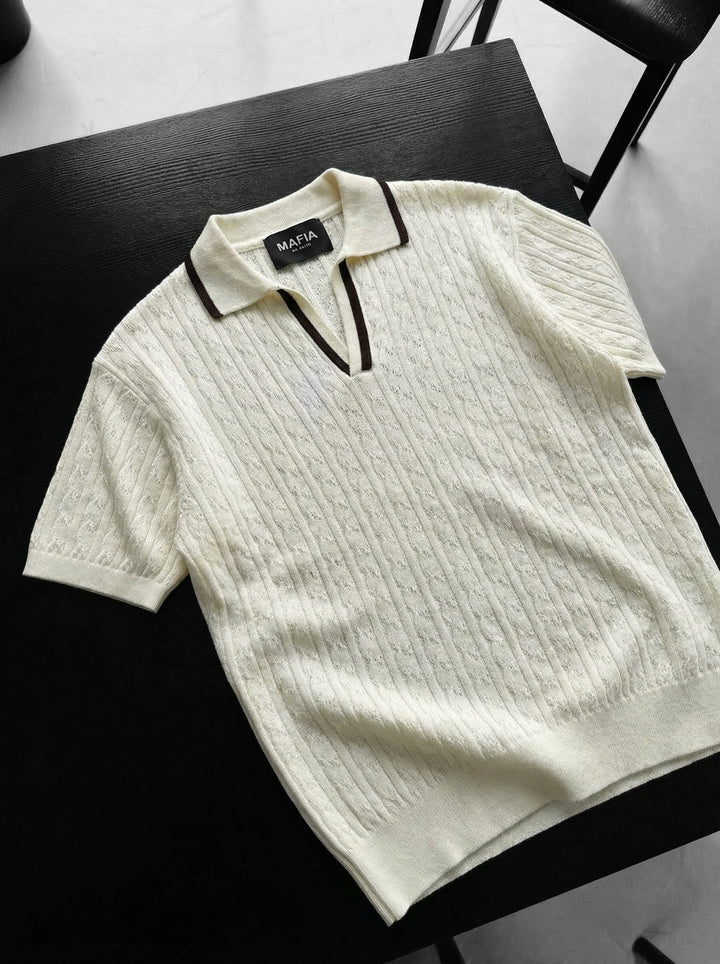 Oversize Strukturerad Polo T-shirt - Ecru och Brun