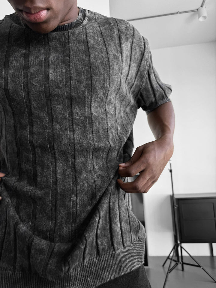Slim Fit Tvättade Linjer Stickad T-Shirt - Antracit