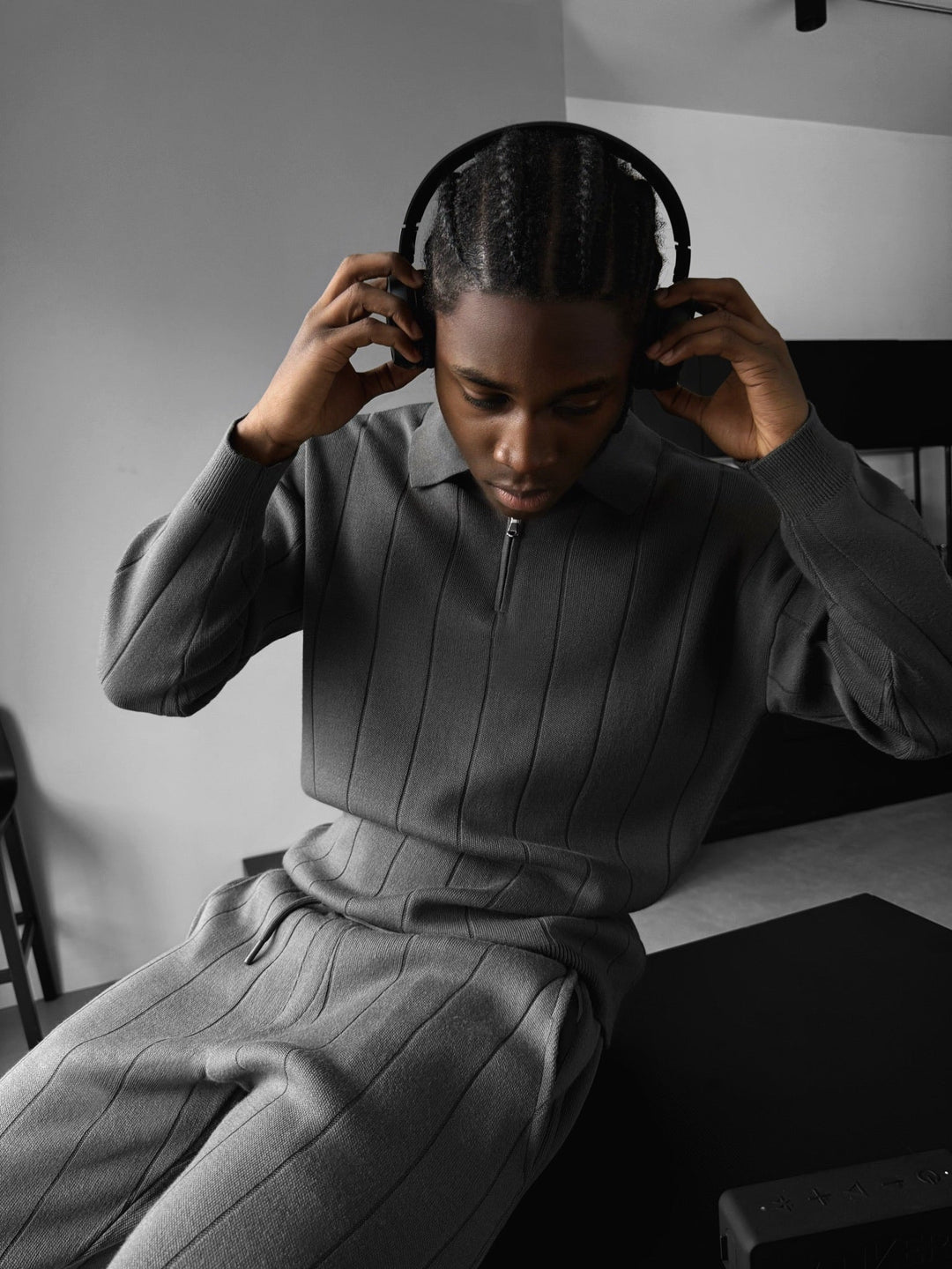 Oversize Lines Stickad Dragkedja Polo Sweatshirt - Antracit