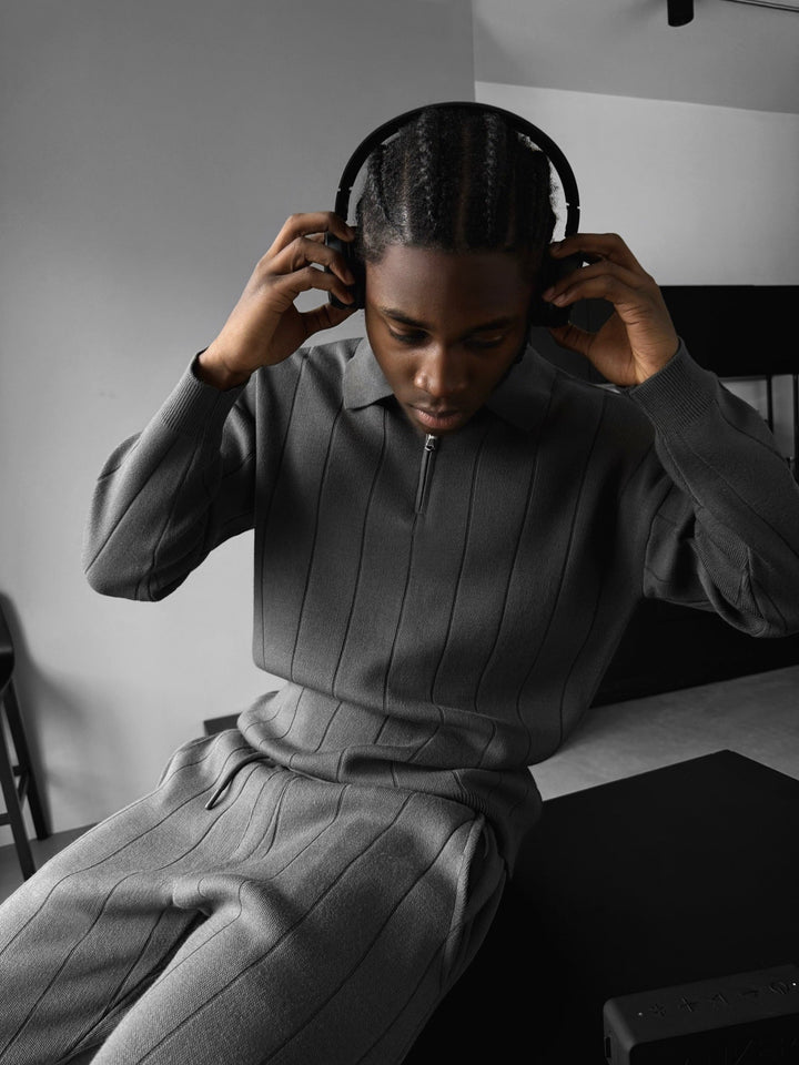 Oversize Lines Stickad Dragkedja Polo Sweatshirt - Antracit