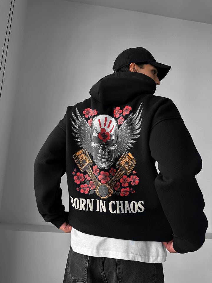 Oversize Skeleton Born in Chaos Hoodie - Svart