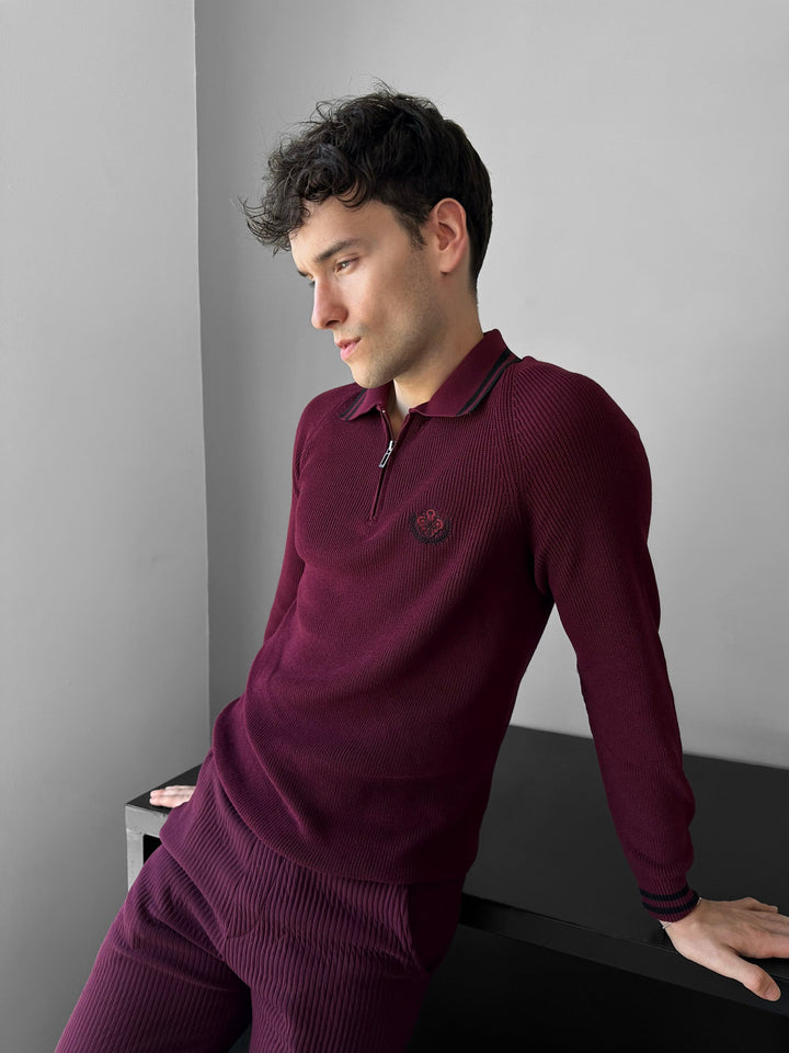 Slim Fit Halv-Zip Broderad Polo Tröja - Bordeaux