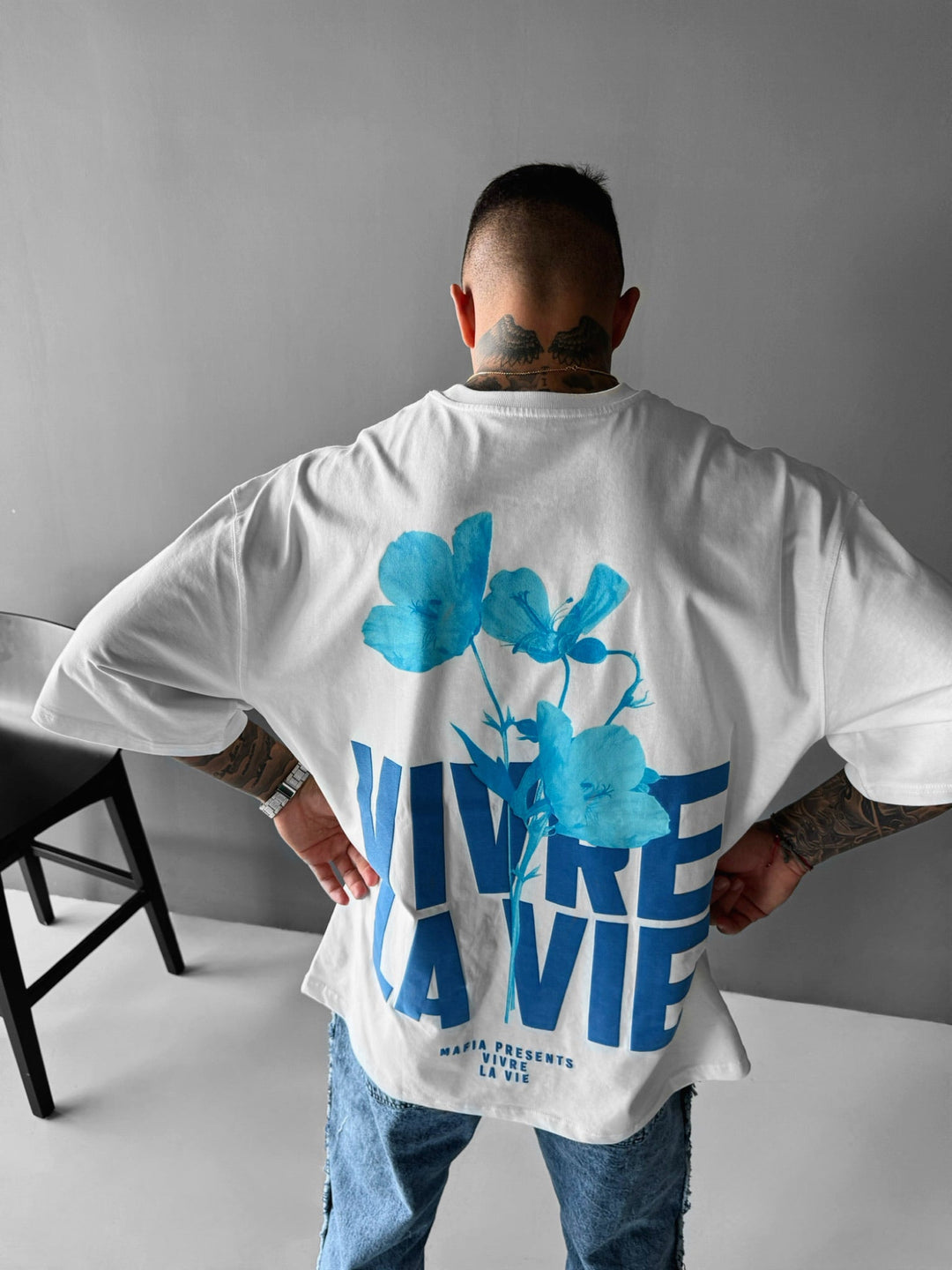 Oversize Vivre la Vie T-shirt - Ecru och Blå
