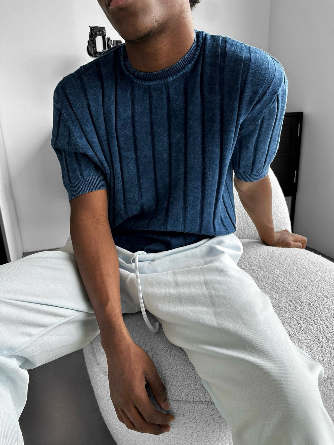 Slim Fit Tvättade Linjer Stickad T-Shirt - Blå