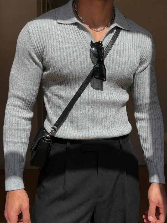 Slim Fit Stickad Polo Tröja - Grå