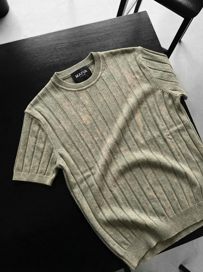 Slim Fit Tvättade Linjer Stickad T-Shirt - Sten