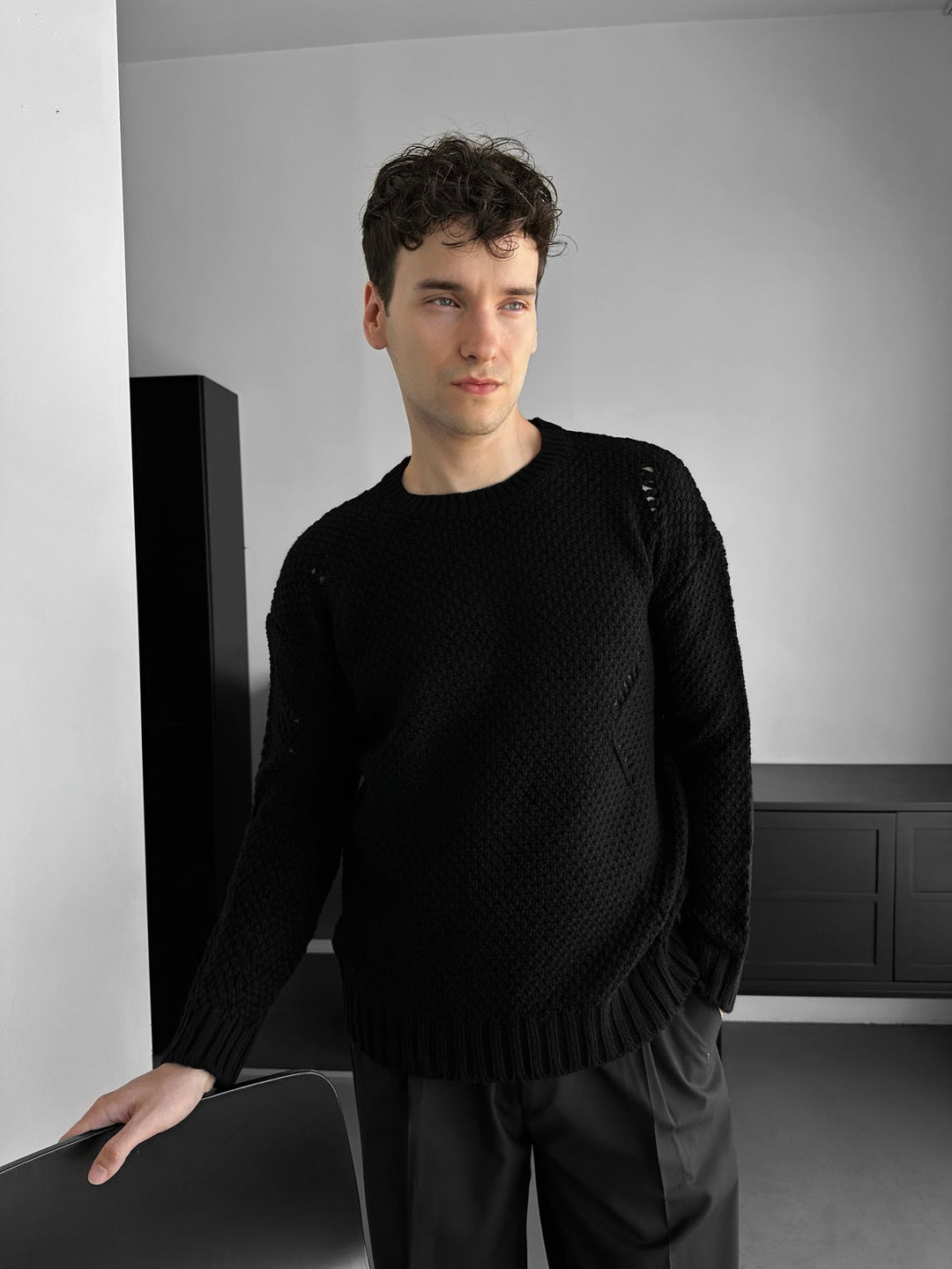 Regular Fit Textured Torn Sweater - Svart